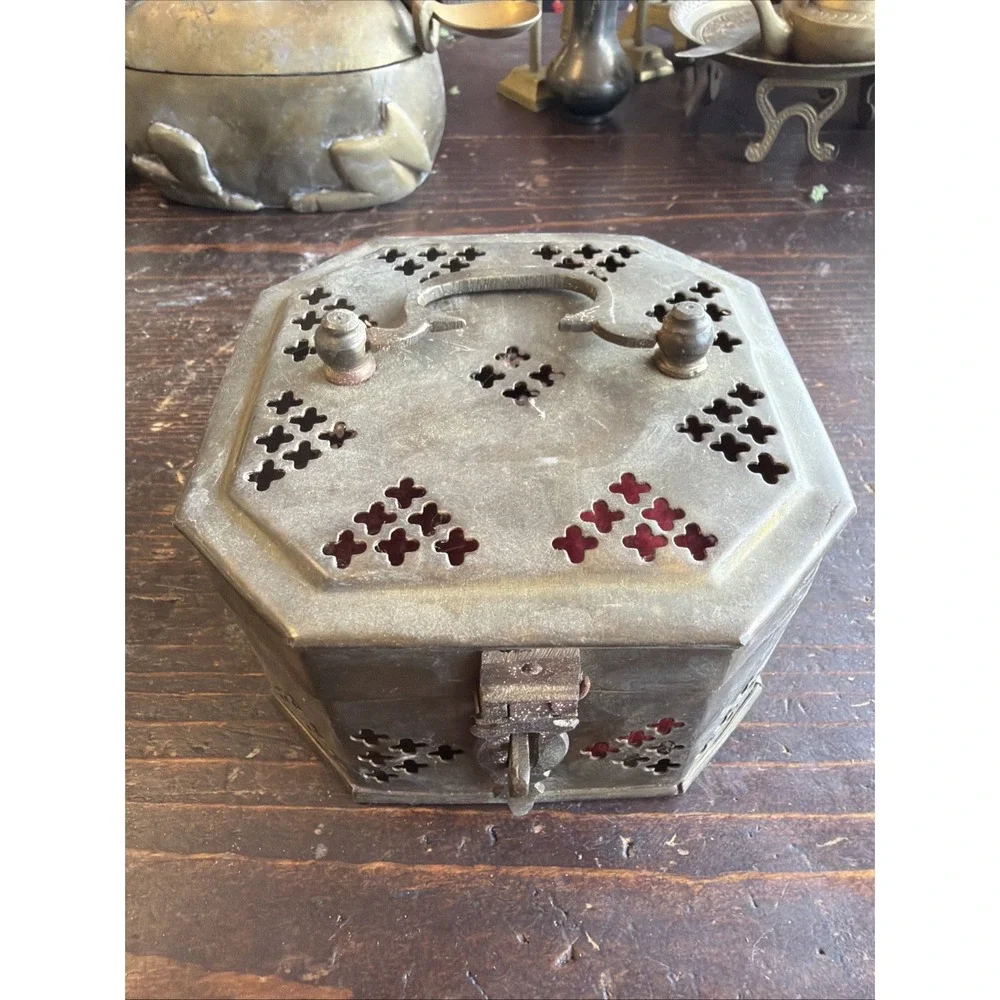 Antique Brass Octagonal Metal Box with Handle, Lid, Latch, Geometric Pattern